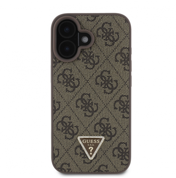 Guess PU 4G Strass Triangle Metal Logo Fodral till iPhone 16 Brun
