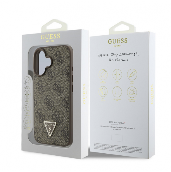 Guess PU 4G Strass Triangle Metal Logo Fodral till iPhone 16 Brun