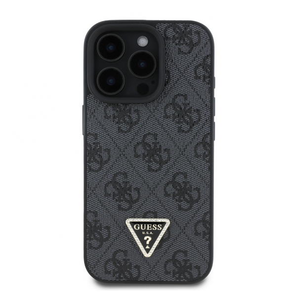 Guess PU 4G Strass Triangle Metal Logo Fodral för iPhone 16 Pro Svart
