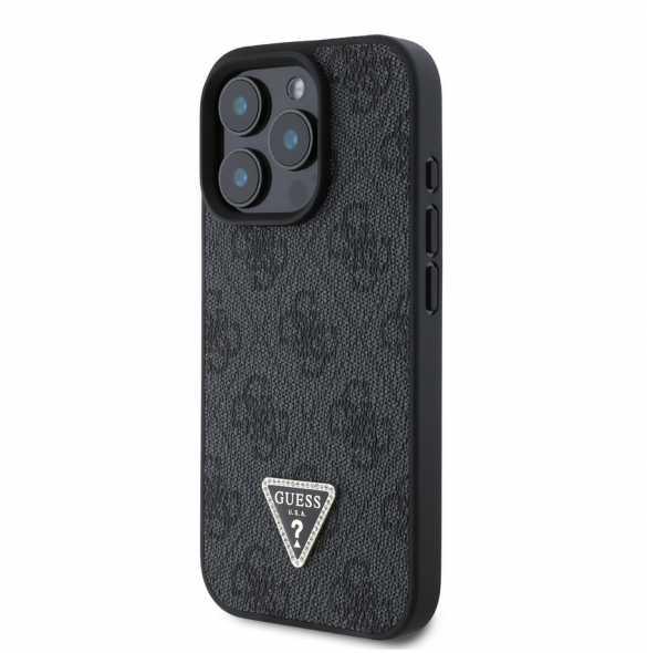 Guess PU 4G Strass Triangle Metal Logo Fodral för iPhone 16 Pro Svart