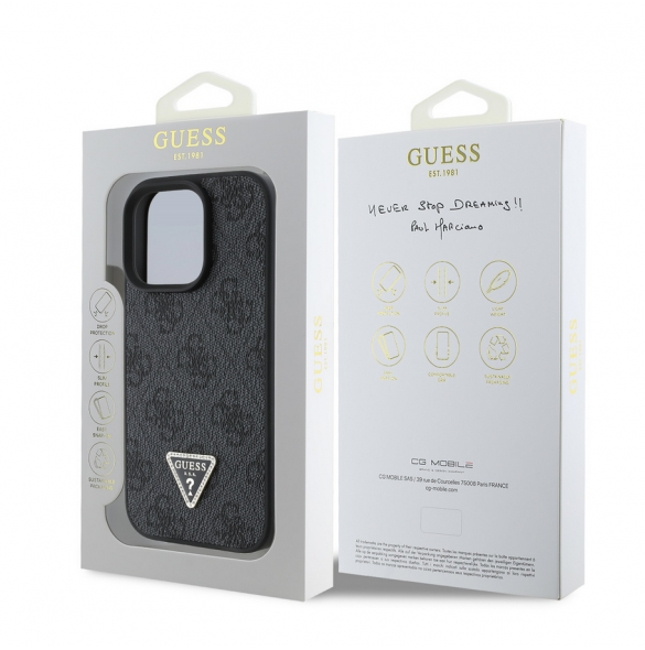 Guess PU 4G Strass Triangle Metal Logo Fodral för iPhone 16 Pro Svart