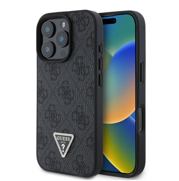 Guess PU 4G Strass Triangle Metal Logo Fodral för iPhone 16 Pro Max Svart