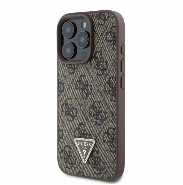 Guess PU 4G Strass Triangle Metal Logo Fodral för iPhone 16 Pro Max Brun