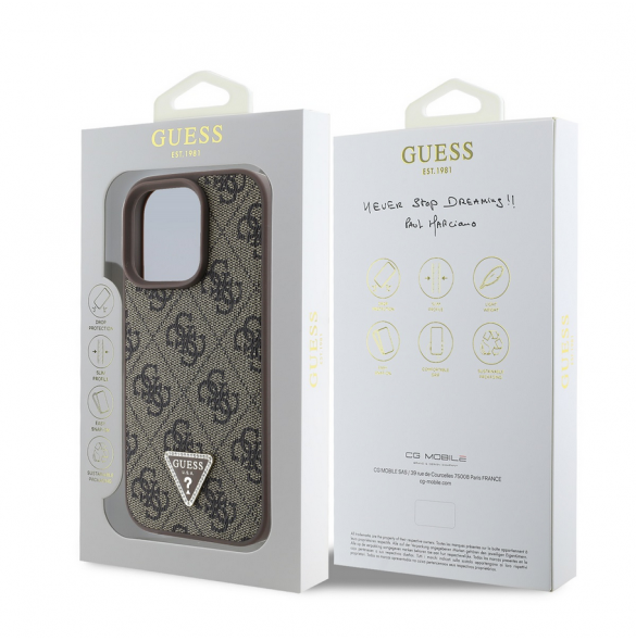 Guess PU 4G Strass Triangle Metal Logo Fodral för iPhone 16 Pro Max Brun