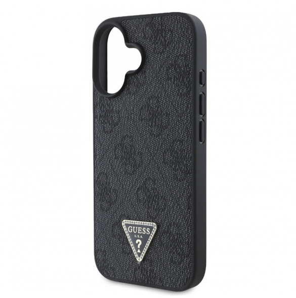 Guess PU 4G Strass Triangle Metal Logo Case + Crossbody Strap för iPhone 16 Svart