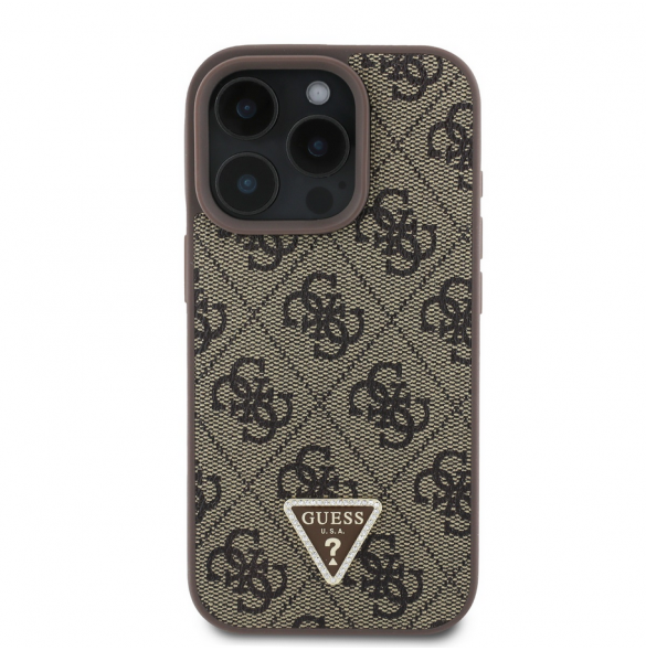 Guess PU 4G Strass Triangle Metal Logo Case + Crossbody Strap för iPhone 16 Pro Brown