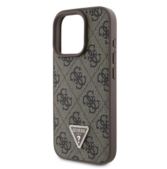 Guess PU 4G Strass Triangle Metal Logo Case + Crossbody Strap för iPhone 16 Pro Brown