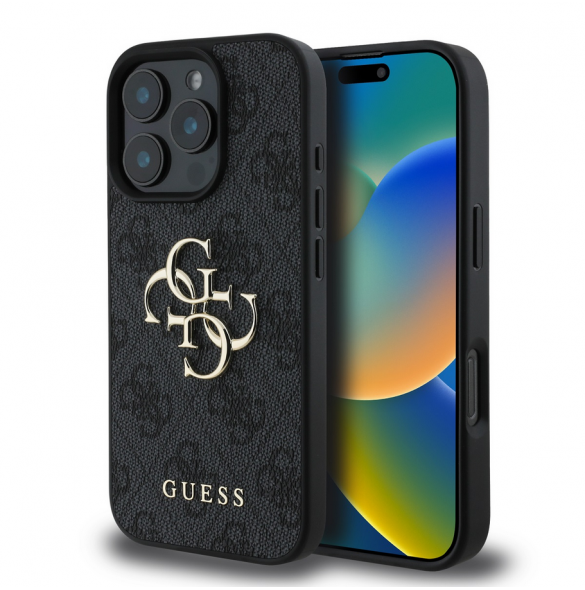 Guess PU 4G metalllogofodral för iPhone 16 Pro Max Grå