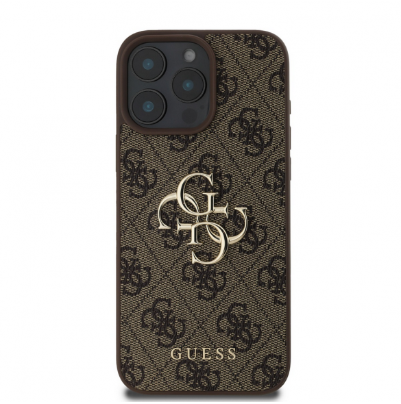Guess PU 4G metalllogofodral för iPhone 16 Pro Max Brun