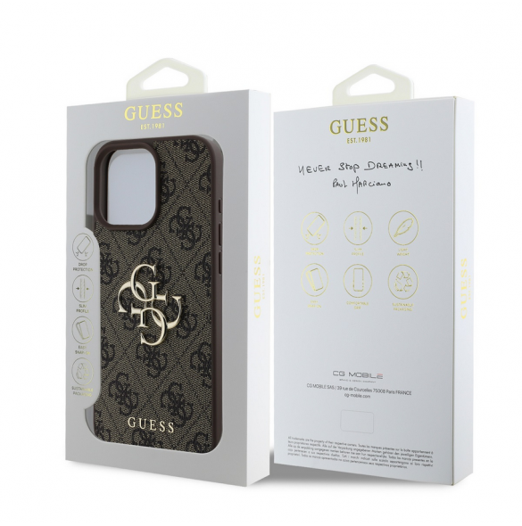 Guess PU 4G metalllogofodral för iPhone 16 Pro Max Brun