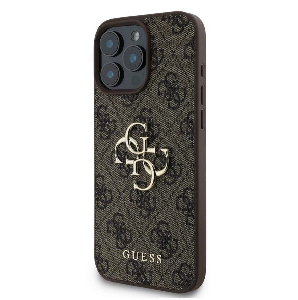 Guess PU 4G metalllogofodral för iPhone 16 Pro Brown