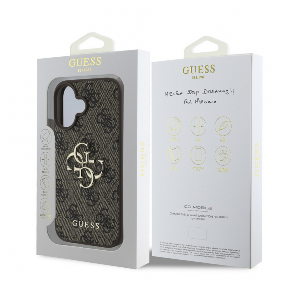Guess PU 4G metalllogofodral för iPhone 16 Brun