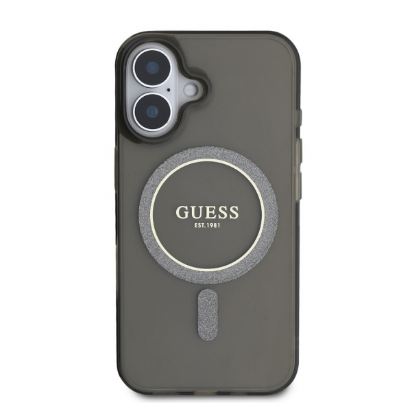 Guess IML Glitter Ring MagSafe Fodral för iPhone 16 Svart