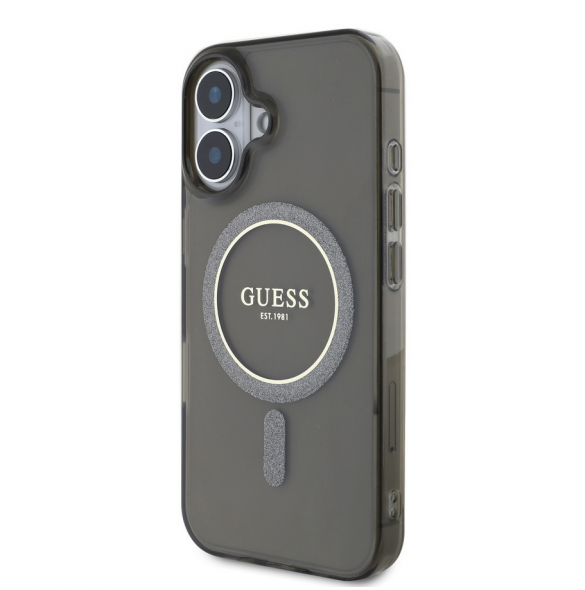 Guess IML Glitter Ring MagSafe Fodral för iPhone 16 Svart