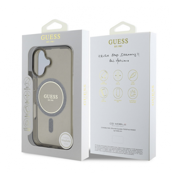 Guess IML Glitter Ring MagSafe Fodral för iPhone 16 Svart
