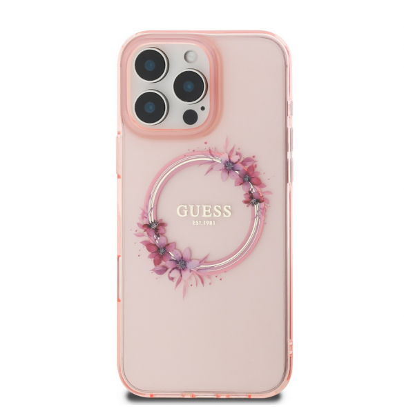 Guess IML Flowers Ring MagSafe Fodral till iPhone 16 Pro Pink
