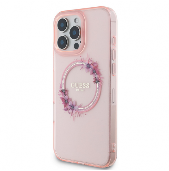 Guess IML Flowers Ring MagSafe Fodral till iPhone 16 Pro Pink