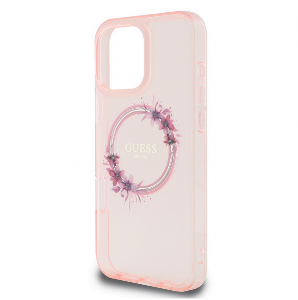 Guess IML Flowers Ring MagSafe Fodral till iPhone 16 Pro Pink