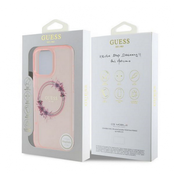 Guess IML Flowers Ring MagSafe Fodral till iPhone 16 Pro Pink