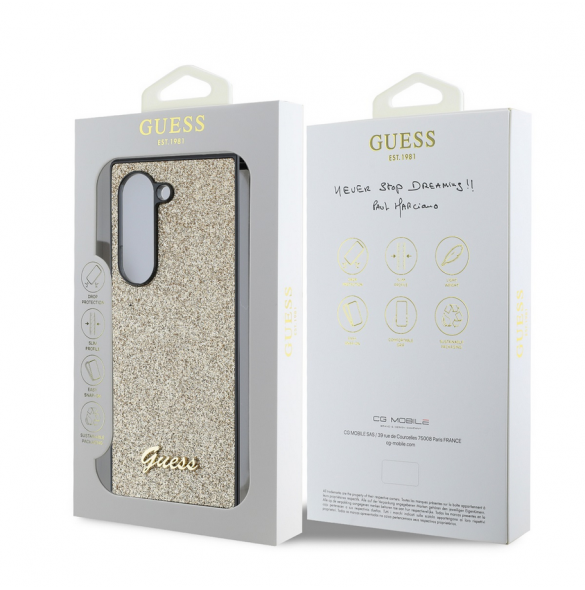 Guess PC/TPU Glitter Flakes metalllogofodral för Samsung Galaxy Z Fold 6 Gold