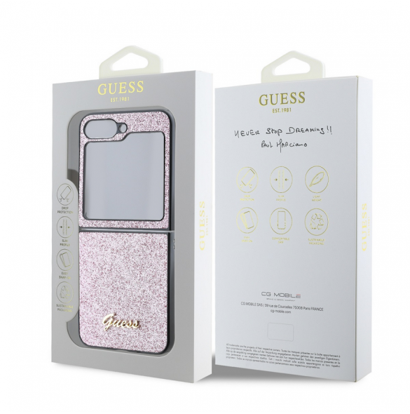 Guess PC/TPU Glitter Flakes metalllogofodral till Samsung Galaxy Z Flip 6 Pink