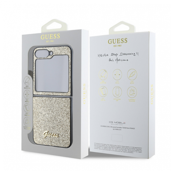 Guess PC/TPU Glitter Flakes metalllogofodral till Samsung Galaxy Z Flip 6 Gold