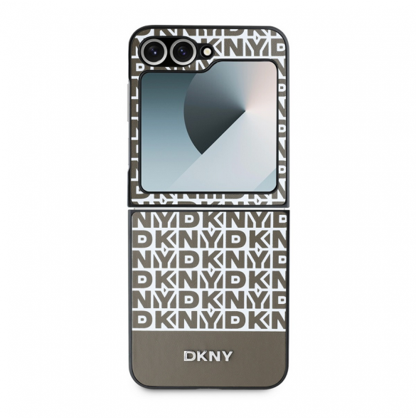 DKNY PU Läder Repeat Mönster Bottom Stripe Case för Samsung Galaxy Z Flip 6 Brown