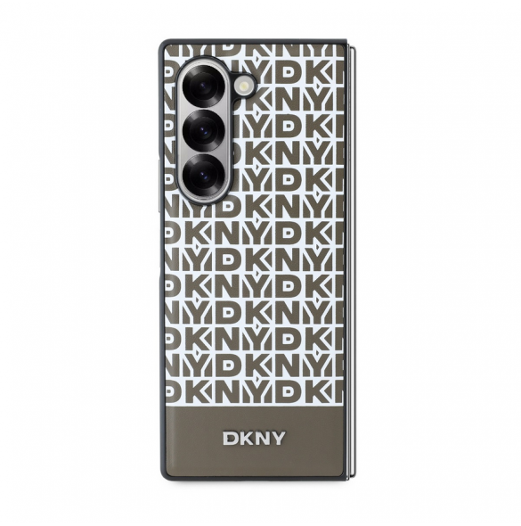 DKNY PU Läder Repeat Pattern Bottom Stripe MagSafe Fodral för Samsung Galaxy Z Fold 6 Brown