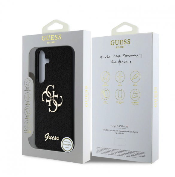 Guess PU Fixed Glitter 4G metalllogofodral för Samsung Galaxy S25+ Svart