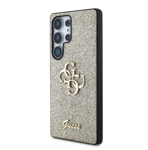 Guess PU Fixed Glitter 4G metalllogofodral för Samsung Galaxy S25 Ultra Gold