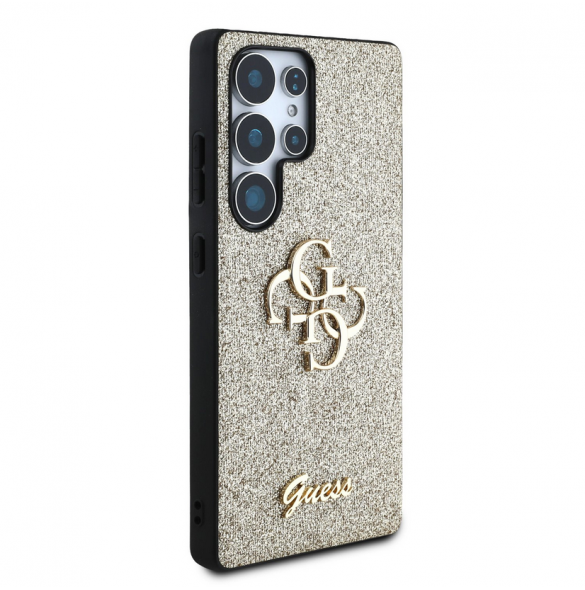 Guess PU Fixed Glitter 4G metalllogofodral för Samsung Galaxy S25 Ultra Gold