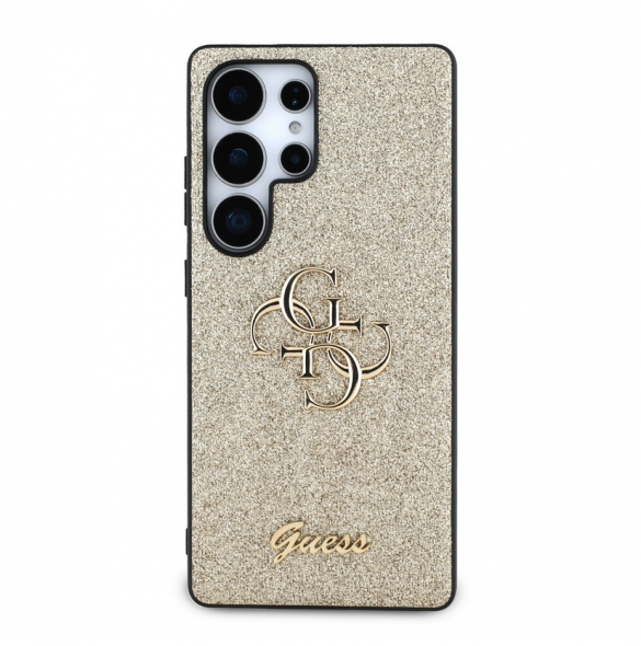 Guess PU Fixed Glitter 4G metalllogofodral för Samsung Galaxy S25 Ultra Gold