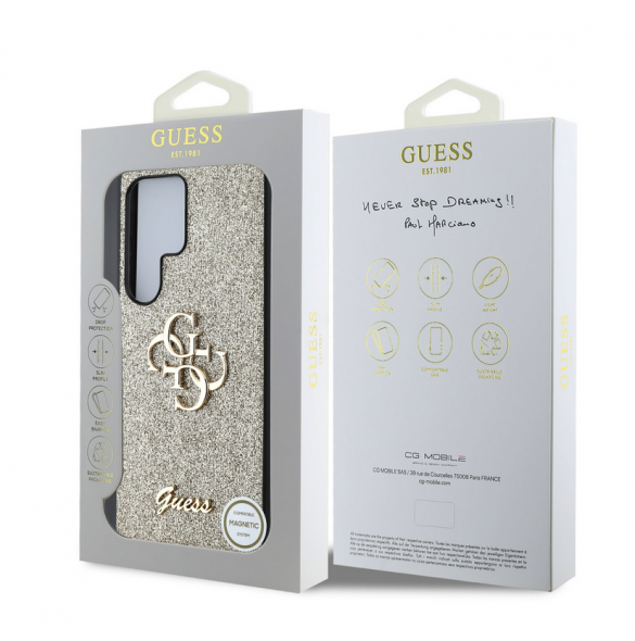 Guess PU Fixed Glitter 4G metalllogofodral för Samsung Galaxy S25 Ultra Gold