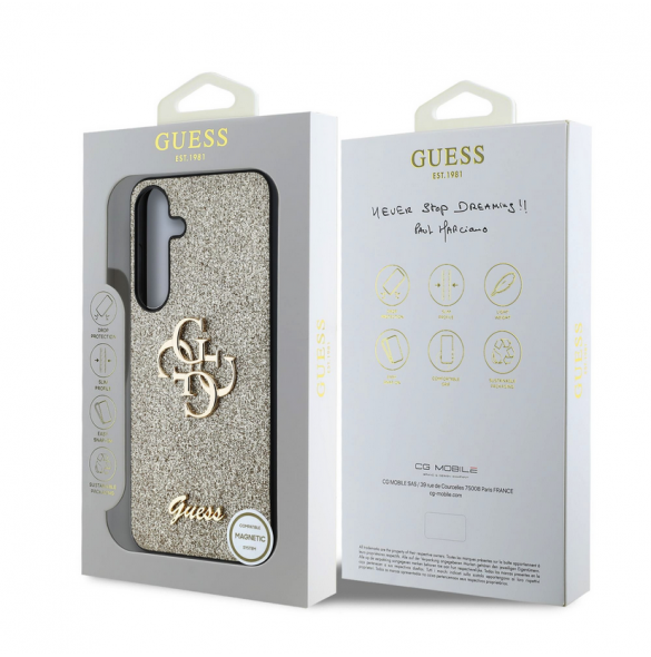 Guess PU Fixed Glitter 4G metalllogofodral till Samsung Galaxy S25 Gold