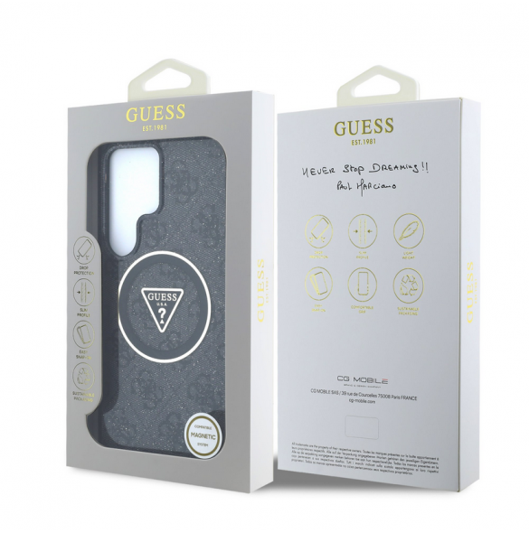 Guess IML 4G Glitter och Triangle Logo MagSafe Fodral för Samsung Galaxy S25 Ultra Black