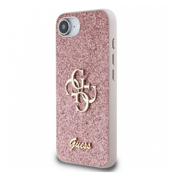 Guess PU Fixed Glitter 4G metalllogofodral för iPhone 16e Rosa