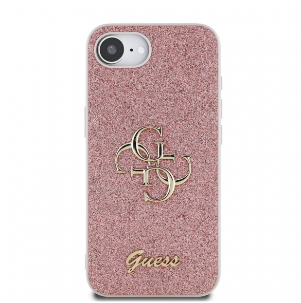 Guess PU Fixed Glitter 4G metalllogofodral för iPhone 16e Rosa
