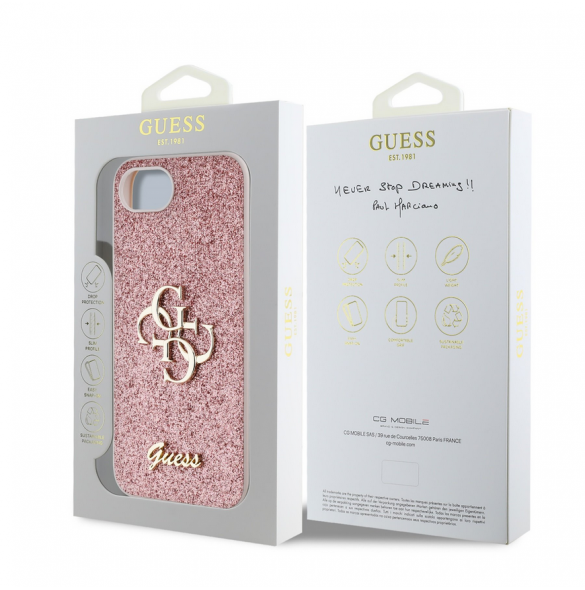 Guess PU Fixed Glitter 4G metalllogofodral för iPhone 16e Rosa
