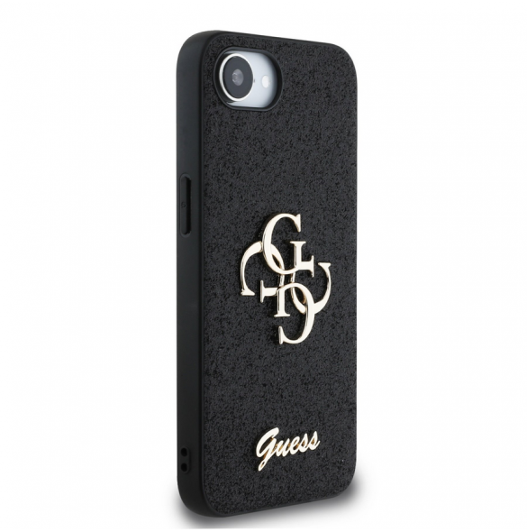 Guess PU Fixed Glitter 4G metalllogofodral för iPhone 16e Svart