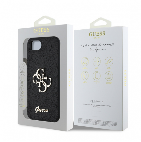 Guess PU Fixed Glitter 4G metalllogofodral för iPhone 16e Svart