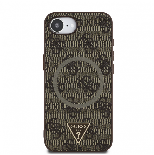 Guess PU 4G Strass Triangle metalllogofodral för iPhone 16e Brun
