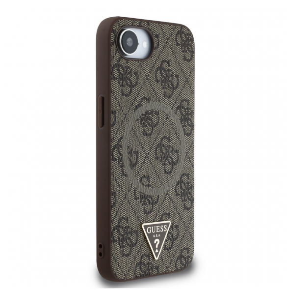 Guess PU 4G Strass Triangle metalllogofodral för iPhone 16e Brun