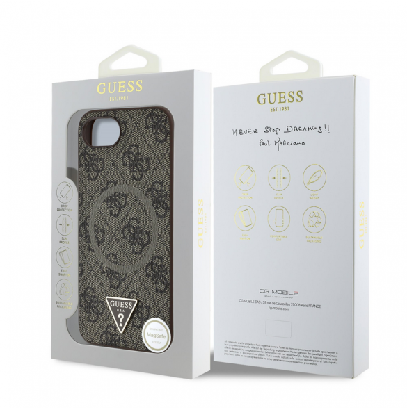 Guess PU 4G Strass Triangle metalllogofodral för iPhone 16e Brun