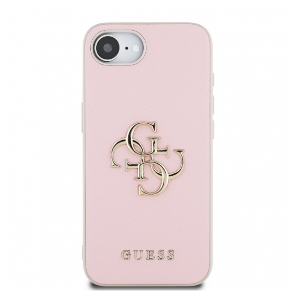 Guess PU Grained 4G metalllogofodral för iPhone 16e Rosa