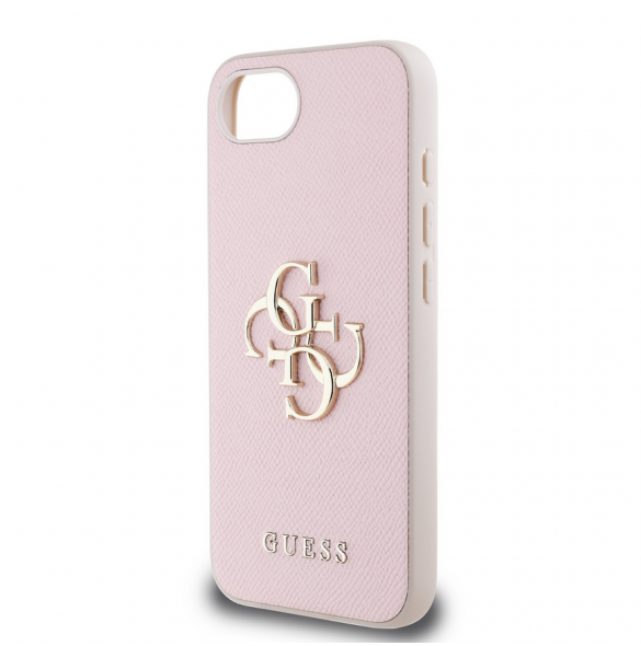 Guess PU Grained 4G metalllogofodral för iPhone 16e Rosa