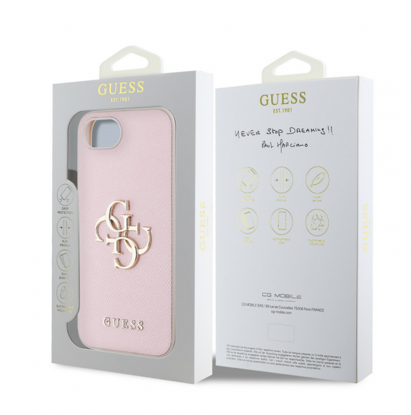 Guess PU Grained 4G metalllogofodral för iPhone 16e Rosa