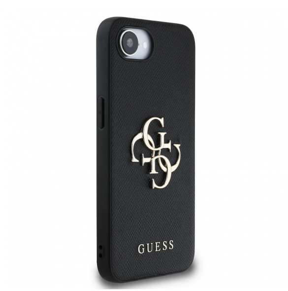 Guess PU Grained 4G metalllogofodral för iPhone 16e Svart