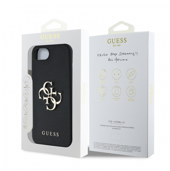 Guess PU Grained 4G metalllogofodral för iPhone 16e Svart