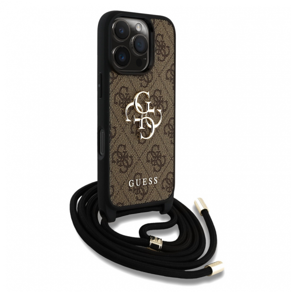 Guess PU 4G Metal Logo Crossbody Strap Case för iPhone 16 Pro Brown