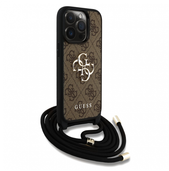 Guess PU 4G Metal Logo Crossbody Strap Case för iPhone 15 Pro Brown